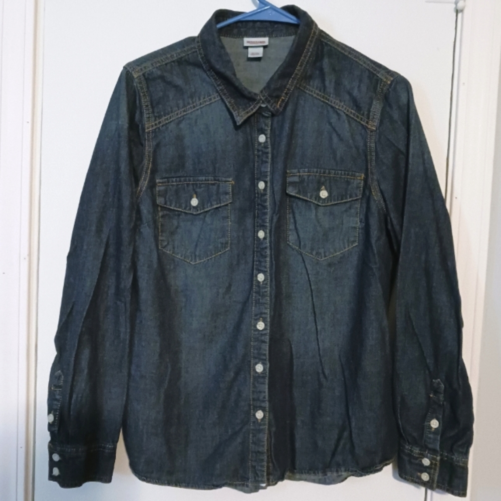 Mossimo 100% Cotton Denim Button Front Shirt with Light Factory Distress…